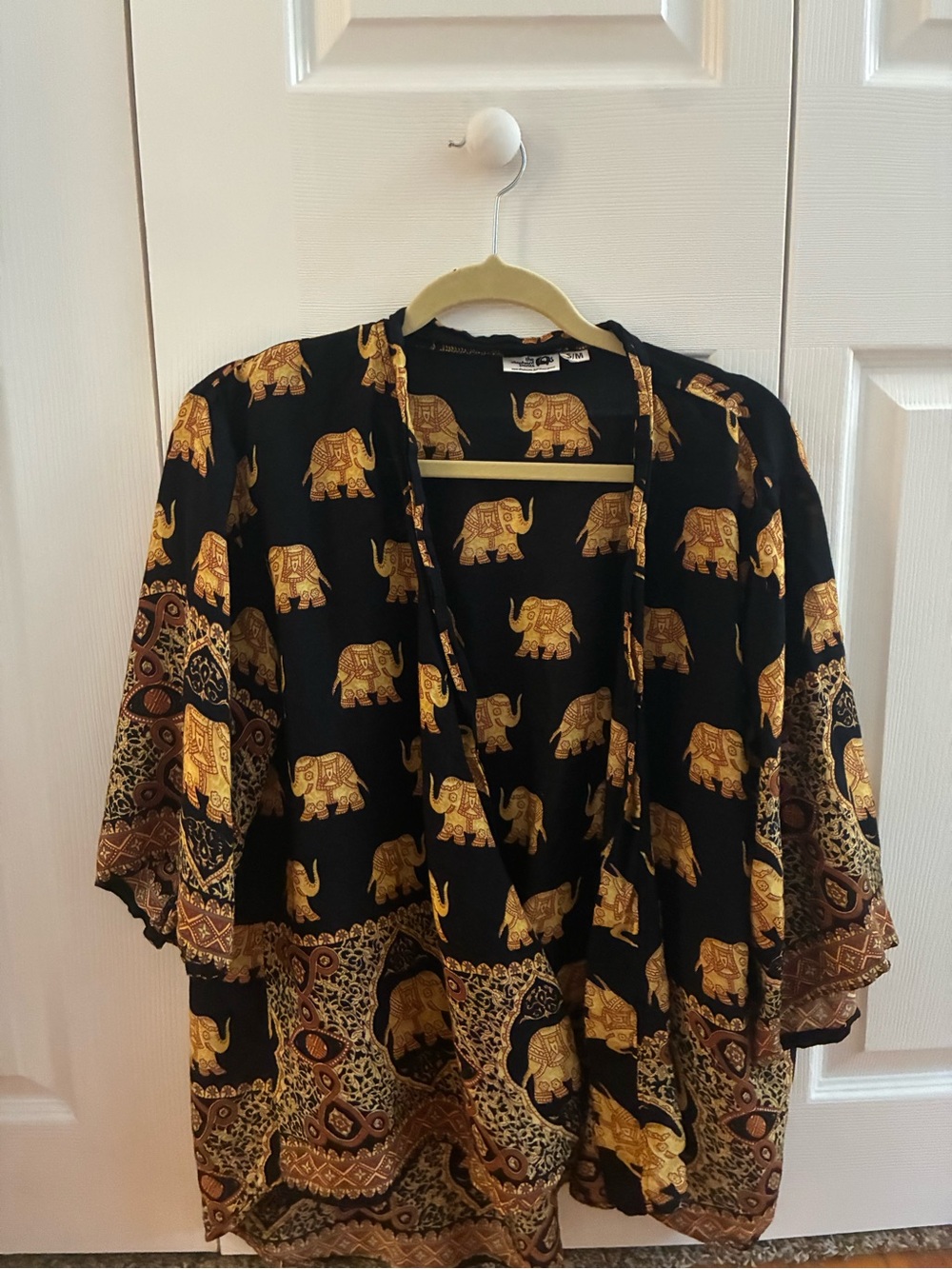 Black & Gold Elephant Print Women's Kimono Blouse